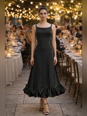 Black Ruffle Hem Flounce Midi Dress